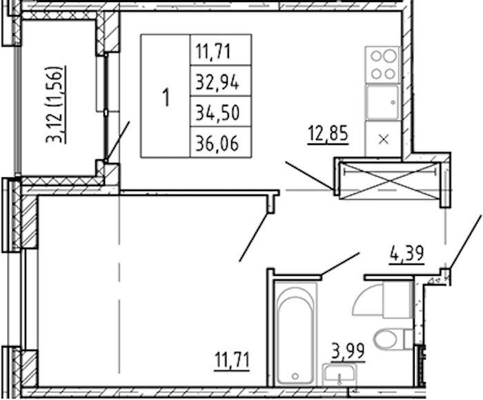 1-комнатная квартира 32.94 м², 6/12 эт., ЖК «Полис Новоселье»
